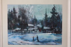 Pauls Duškins "Ziemas ainava". Papīrs. akvarelis. 1988. gads. 44x59.cm. Pauls Duškins. Ziemas ainava.